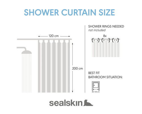 Informatie over de grootte van het douchegordijn: breedte 120 cm, hoogte 200 cm, douchegordijnringen niet inbegrepen, acht stuks nodig, geschikt voor badkamers van 80 cm tot 120 cm breed