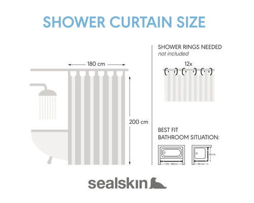 Informatie over de afmetingen van het douchegordijn: breedte 180 cm, hoogte 200 cm. Douchegordijnringen niet inbegrepen. Aanbevolen afmetingen voor badkuipen en douchebakken.