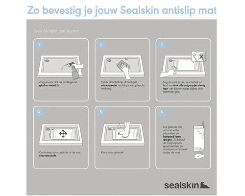 Instructies voor het bevestigen van een Sealskin antislipmat in zes stappen, inclusief voorbereiding, plaatsing en onderhoud.