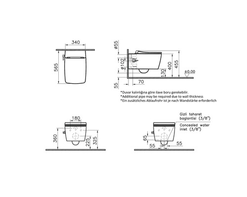 Technische tekening van een wandcloset met afmetingen