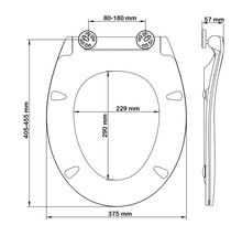Technische tekening van een toiletbril met afmetingen