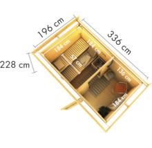 Bovenaanzicht van een houten huis met maatvoering
