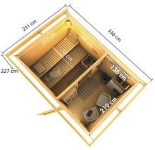 Bovenaanzicht van een sauna met afmetingen in centimeters