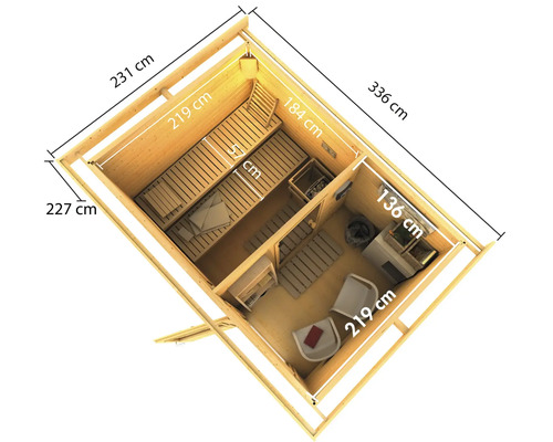 Bovenaanzicht van een sauna met afmetingen in centimeters