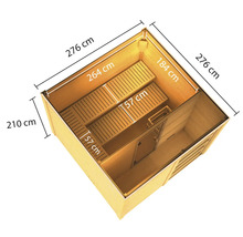 Illustratie van een sauna met maatvoering in centimeters.