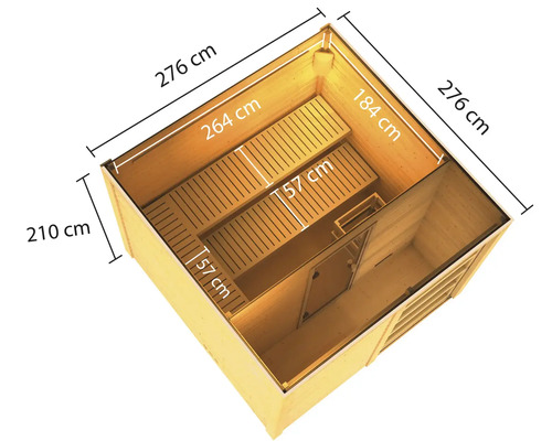 Illustratie van een sauna met maatvoering in centimeters.