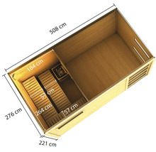 Binnenaanzicht van een sauna met banken en oven, afmetingen zijn aangegeven