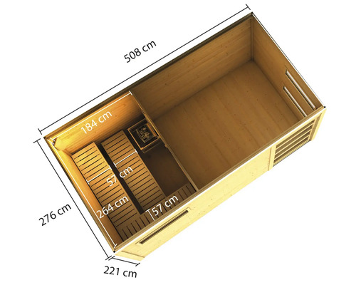 Binnenaanzicht van een sauna met banken en oven, afmetingen zijn aangegeven