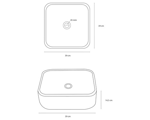 Tekening van een opzetwastafel met afmetingen van 39 bij 39 centimeter en een hoogte van 14,5 centimeter