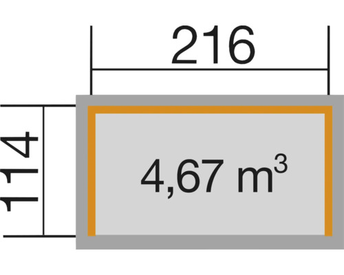 Diagram met afmetingen: 216 bij 114 en 4,67 kubieke meter