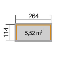 Diagram met afmetingen: 264, 114 en 5,52 kubieke meter