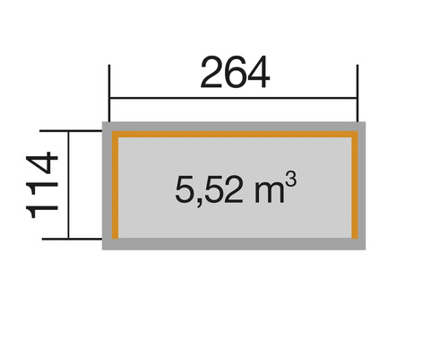 Diagram met afmetingen: 264, 114 en 5,52 kubieke meter