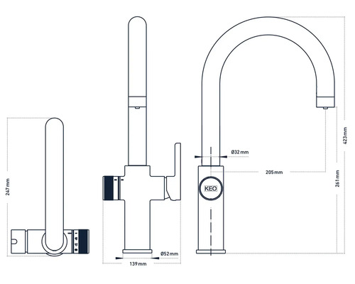 Technische tekening van een keukenkraan met afmetingen