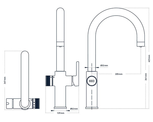 Technische tekening van een keukenkraan met afmetingen.