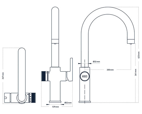 Technische tekening van een keukenkraan met maatvoering