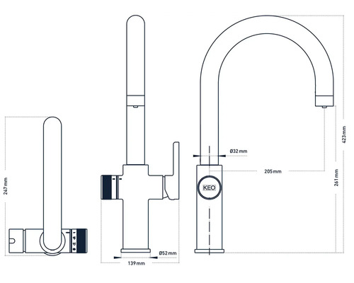 Technische tekening van een keukenkraan met afmetingen.