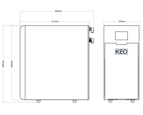 Technische tekening van een doorstroomkoeler met maatvoering