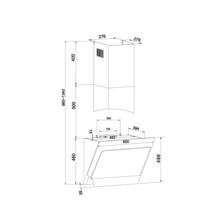 Technische tekening van een afzuigkap met afmetingen
