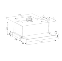 Technische tekening van een afzuigkap met afmetingen