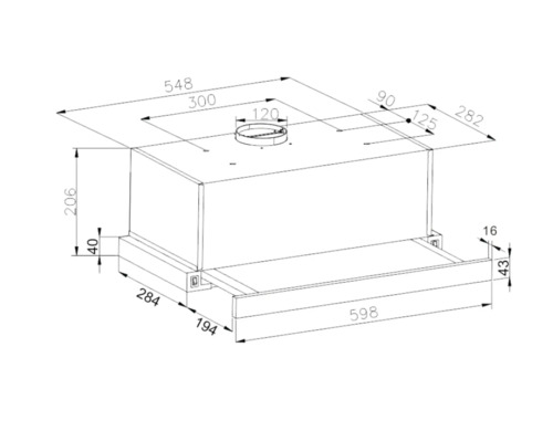 Technische tekening van een afzuigkap met afmetingen