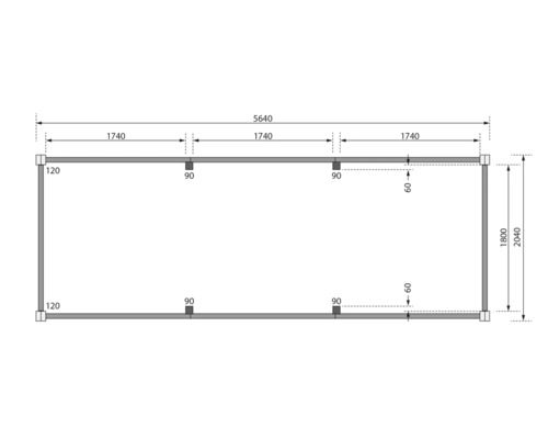 Technische tekening van een tuinhuis met afmetingen