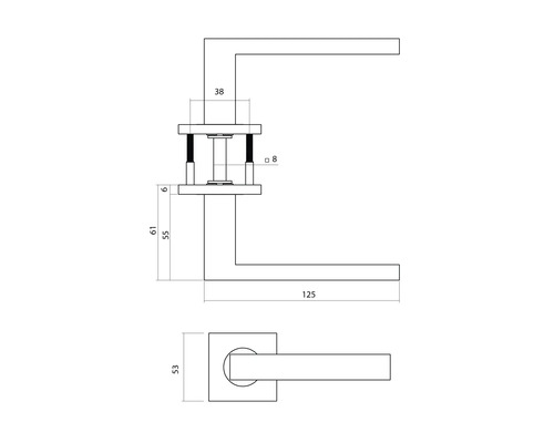 Technische tekening van een deurklink met afmetingen