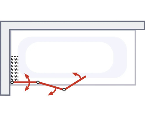 Illustratie van een badkuip met een schematische weergave van de beweging van een douchewand