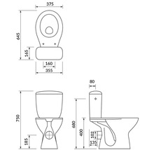 Technische tekening van een toilet met afmetingen