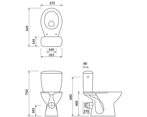 Technische tekening van een toilet met afmetingen