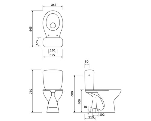 Technische tekening van een staand toilet met maatvoering.
