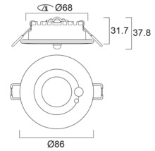 Technische tekening van een inbouwlamp met maatvoering