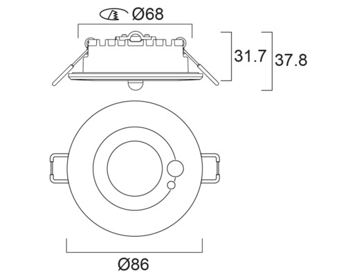 Technische tekening van een inbouwlamp met maatvoering
