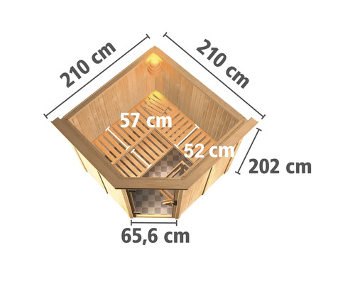 Bovenaanzicht van de sauna met de maatgegevens 210 cm, 202 cm, 65,6 cm, 57 cm en 52 cm