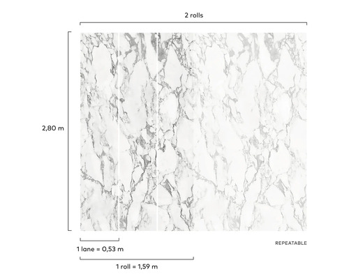 Behang met marmerpatroon, twee rollen, herhaalbaar patroon, 2,80 meter hoog, één baan is 0,53 meter, één rol is 1,59 meter