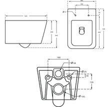 Technische tekening van een wandcloset met afmetingen