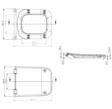 Technische tekening van een toiletbril met afmetingen