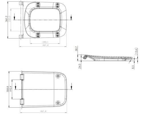 Technische tekening van een toiletbril met afmetingen