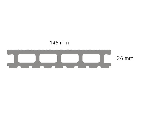 Terrasplank profieldoorsnede met maatvoering 145 mm en 26 mm