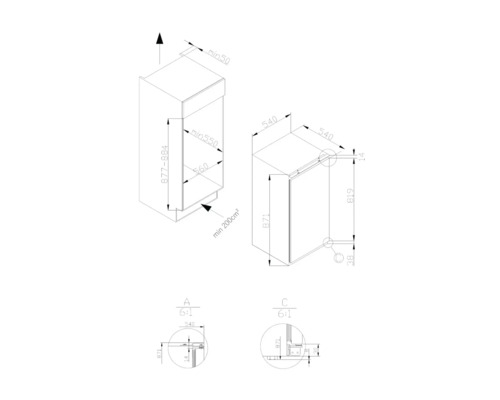 Technische tekening van een inbouwkoelkast met afmetingen.