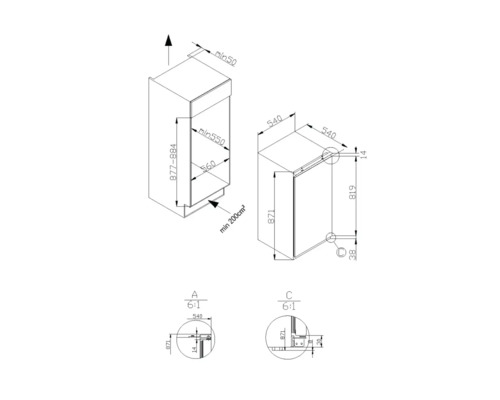 Technische tekening van een keukenkast met afmetingen