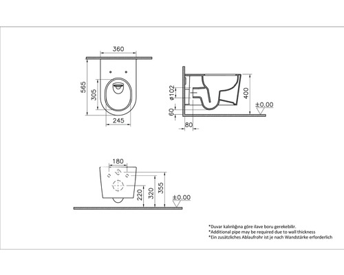 Technische tekening van een wandcloset met afmetingen