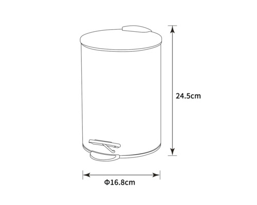 Afbeelding van een afvalemmer met pedaal en de afmetingen 24,5 cm hoog en 16,8 cm diameter.