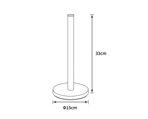 Technische tekening van een toiletpapierhouder met afmetingen van 33 cm hoog en 15 cm diameter