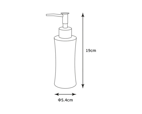 Afbeelding van een zeepdispenser met afmetingen van 19 cm hoogte en 5,4 cm diameter