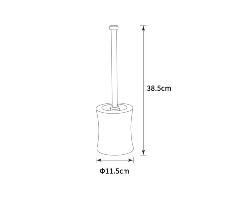 Toiletborstel met houder en afmetingen: hoogte 38,5 cm, diameter 11,5 cm.