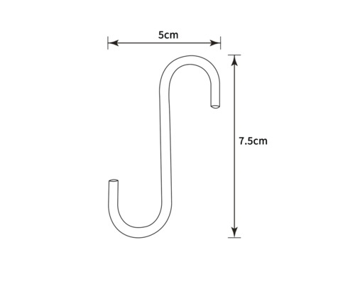Technische tekening van een S-haak met afmetingen van 5 cm breed en 7,5 cm hoog.