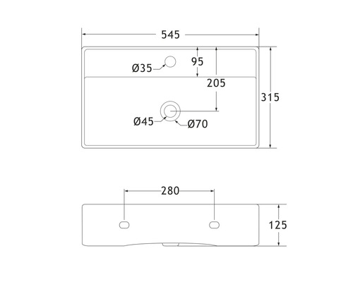 Technische tekening van een wastafel met maatvoering