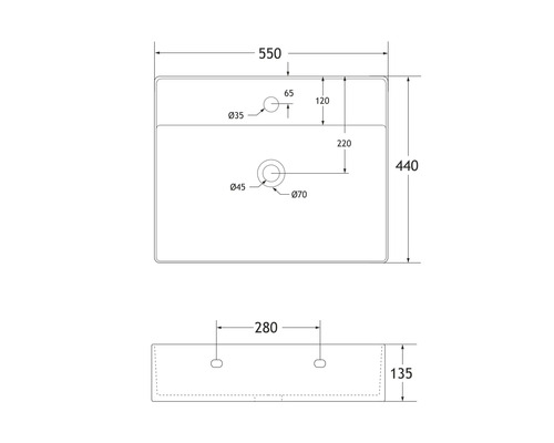 Tekening van een wastafel met afmetingen