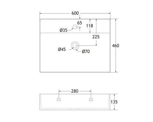 Technische tekening van een wastafel met afmetingen