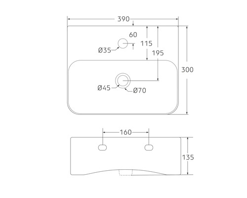 Technische tekening van een wastafel met afmetingen